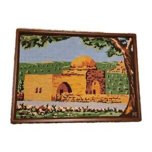Rachel's Tomb 70s Vintage Needlepoint Framed Completed 19.5" x 14.5" Jerusalem